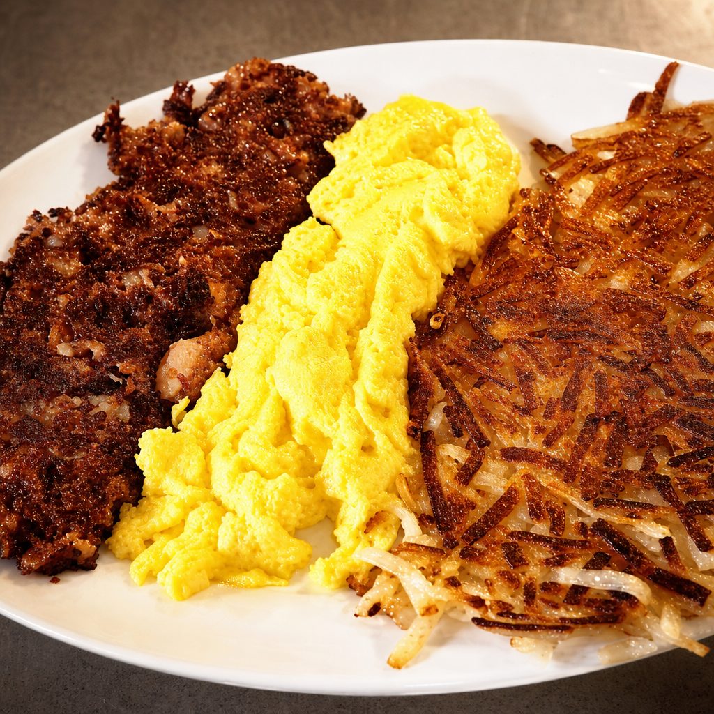 Corned Beef Hash & Swiss Cheese Omelette.